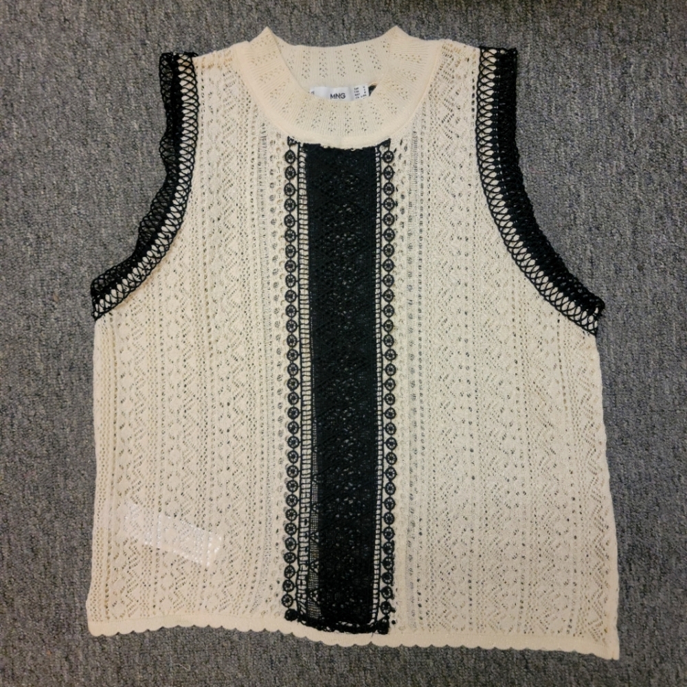 Mango Mng Beige/Black Crochet Lace Tank Top, Us M - image 1